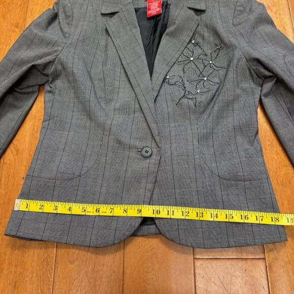 Oscar De La Renta Women Blazer 8P Gray Plaid Rhinestone Floral Design Career - Picture 13 of 16